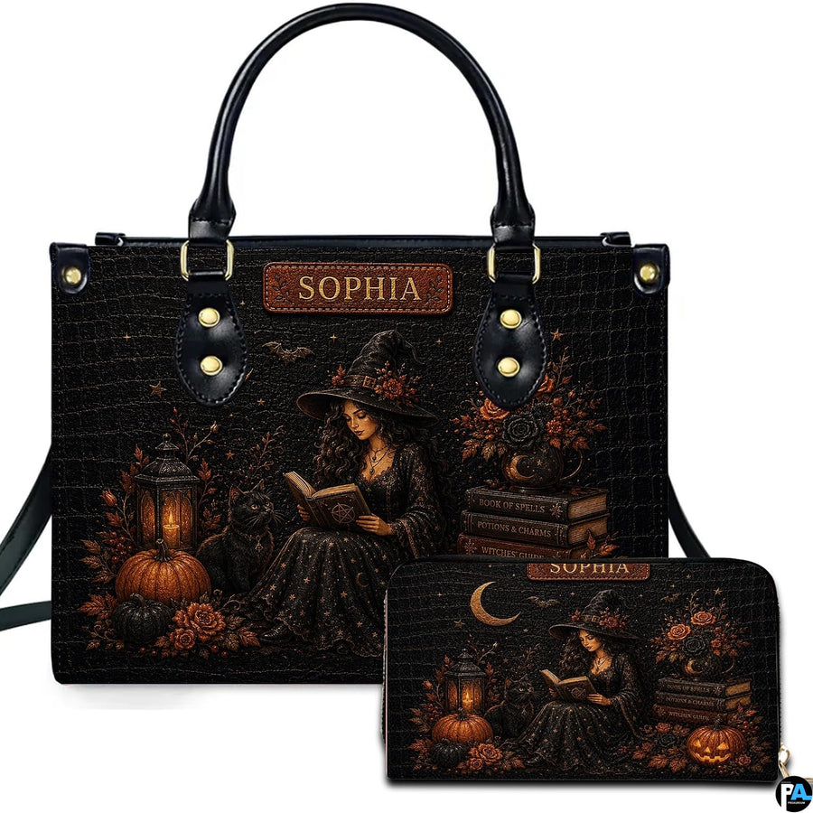Witchy halloween art design showcasing gothic sorceress, glowing lantern, and pumpkins alongside companion piece.