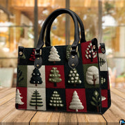 Atmospheric indoor presentation of the crimson and green holiday tree patchwork item on wooden surface