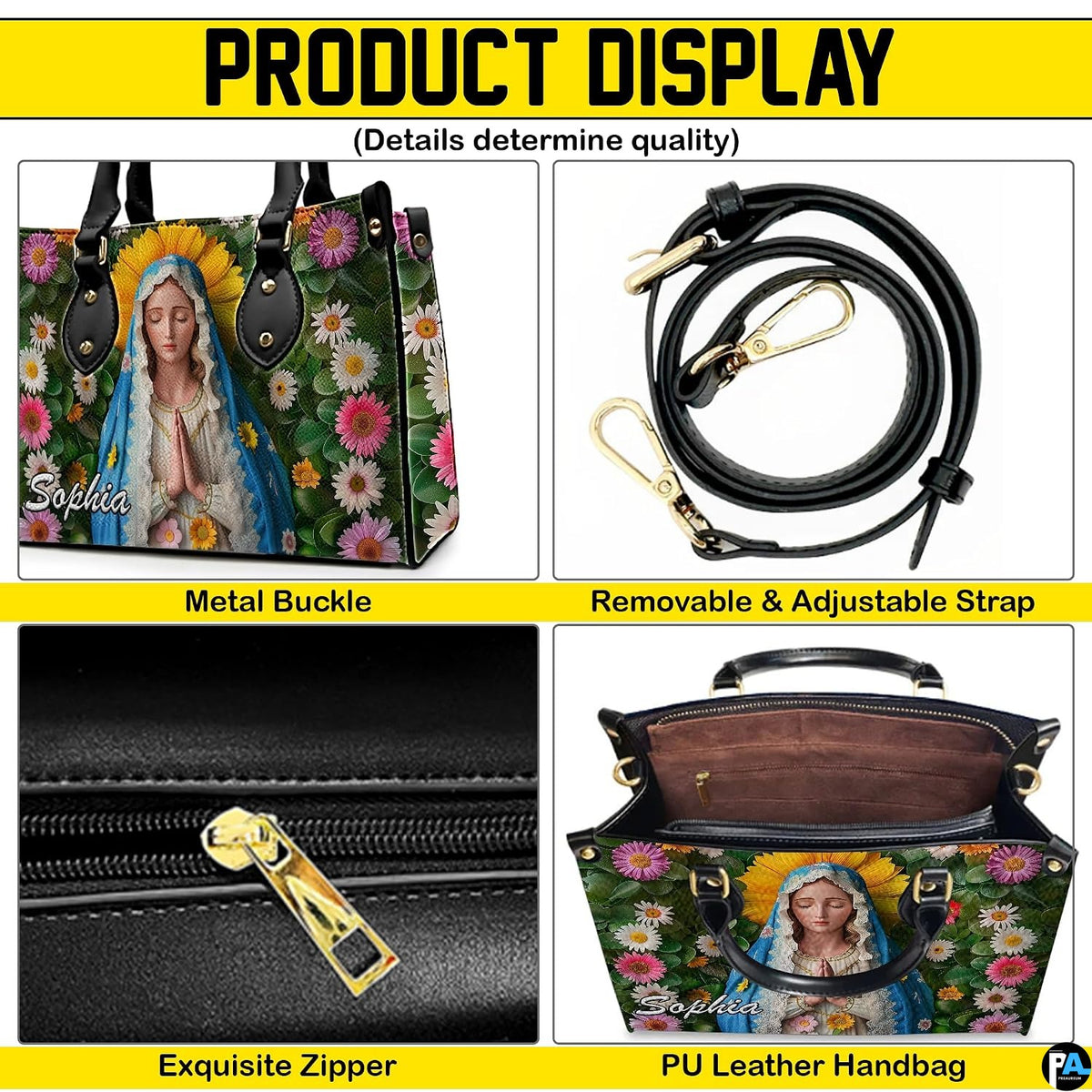 Display collage showing side view, interior, and finishing details of the handbag