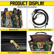 Display collage showing side view, interior, and finishing details of the handbag