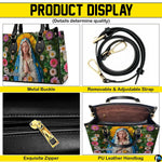 Display collage showing side view, interior, and finishing details of the handbag