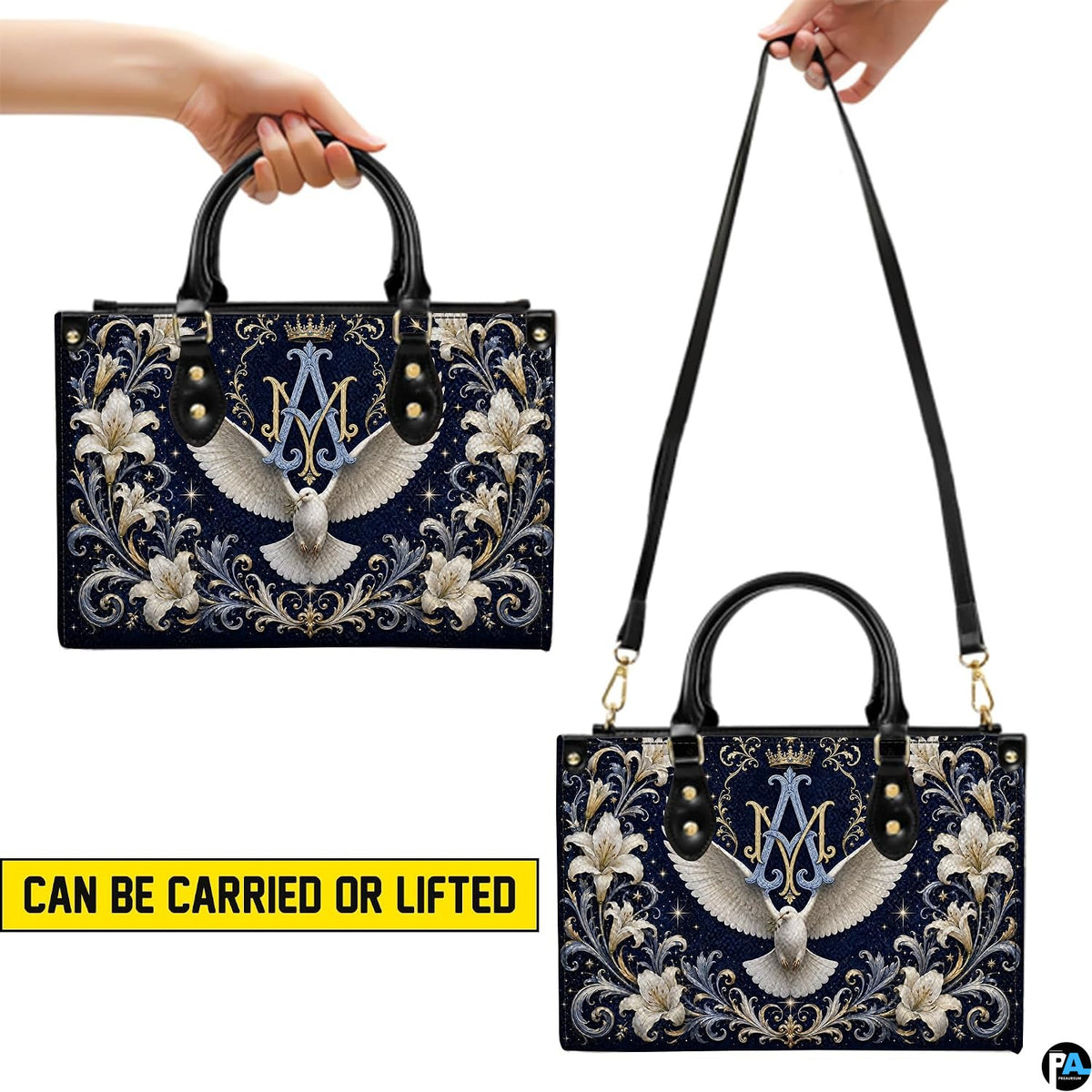 Back view of Marian crest handbag featuring coordinated midnight navy starry backdrop