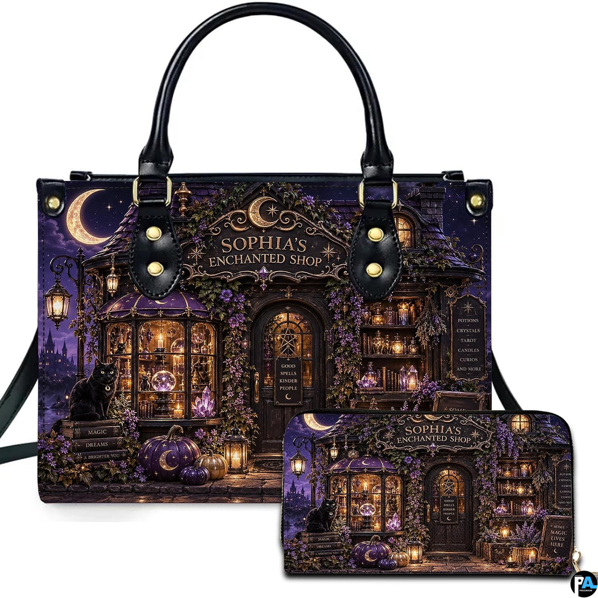 Gothic witch apothecary cottage handbag and matching wallet set on white background.