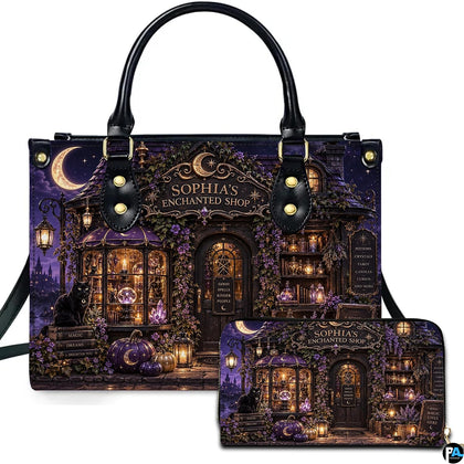 Gothic witch apothecary cottage handbag and matching wallet set on white background.
