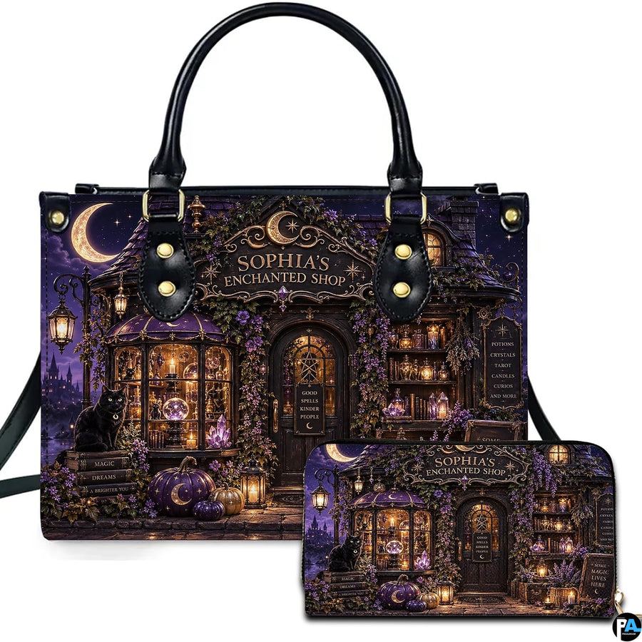 Gothic witch apothecary cottage handbag and matching wallet set on white background.