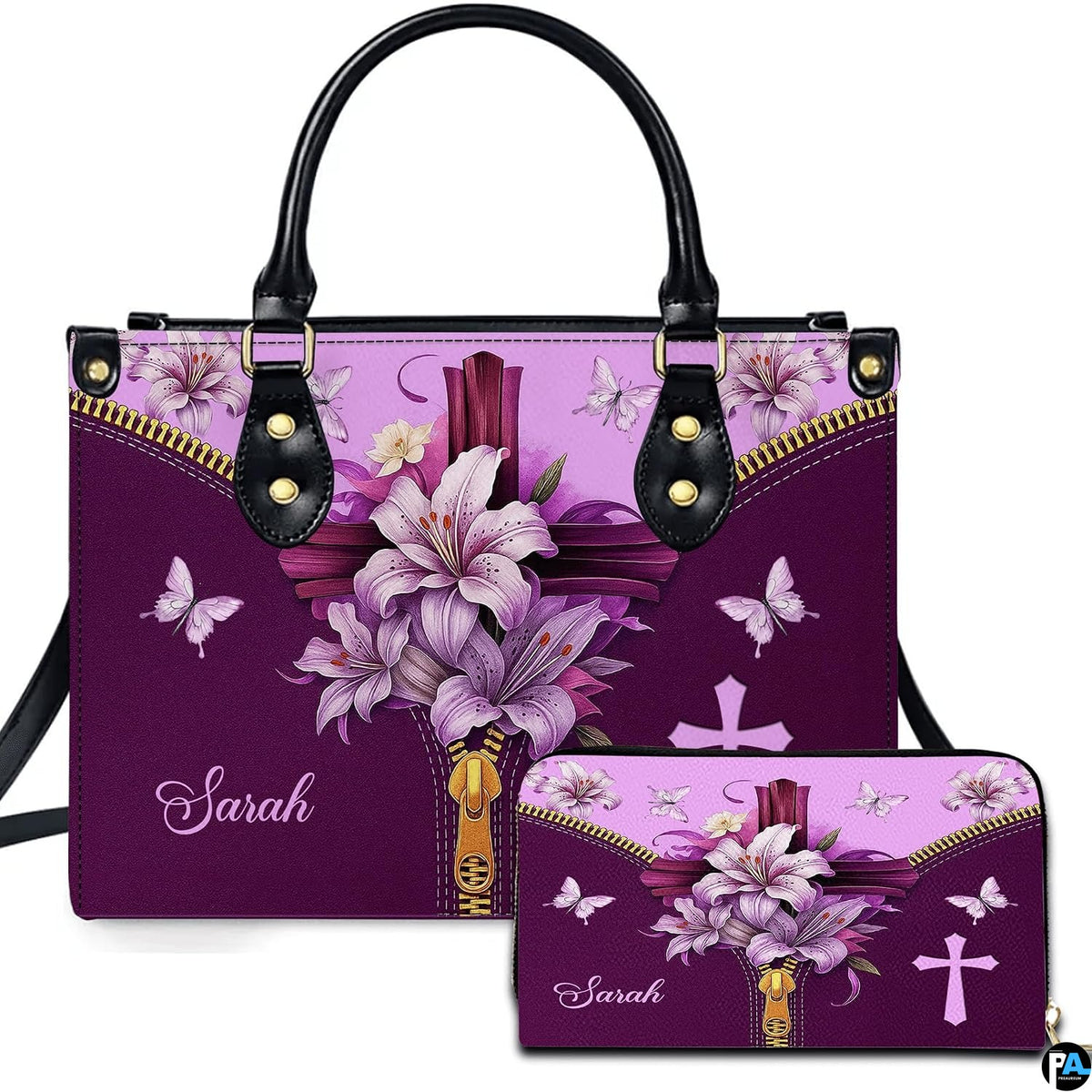 Christian cross Easter lily violet handbag and matching wallet set displayed upright on white background.