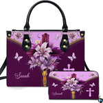Christian cross Easter lily violet handbag and matching wallet set displayed upright on white background.