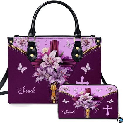 Christian cross Easter lily violet handbag and matching wallet set displayed upright on white background.