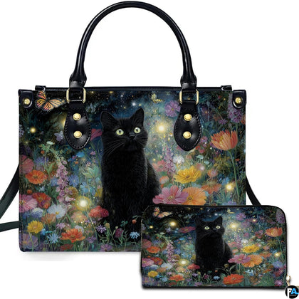 Studio presentation of black cat flower painting beside matching rectangular companion accessory.