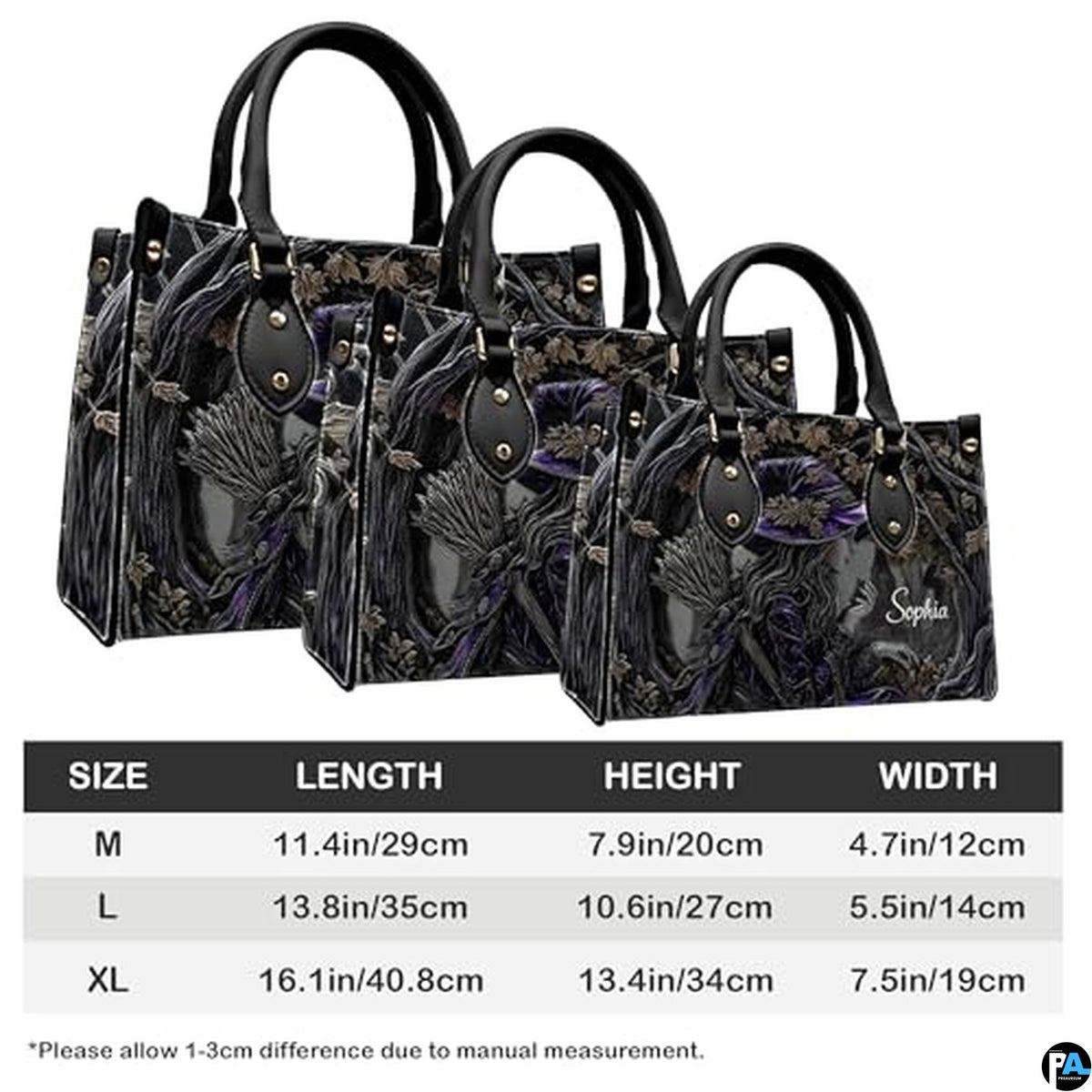 Personalized Halloween Leather Handbag – Custom Witch 3D Printing Effect Purses For Women – Spooky Gothic Shoulder Bag