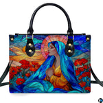 Studio front view of colorful stained glass praying Madonna artwork with poppy meadow.