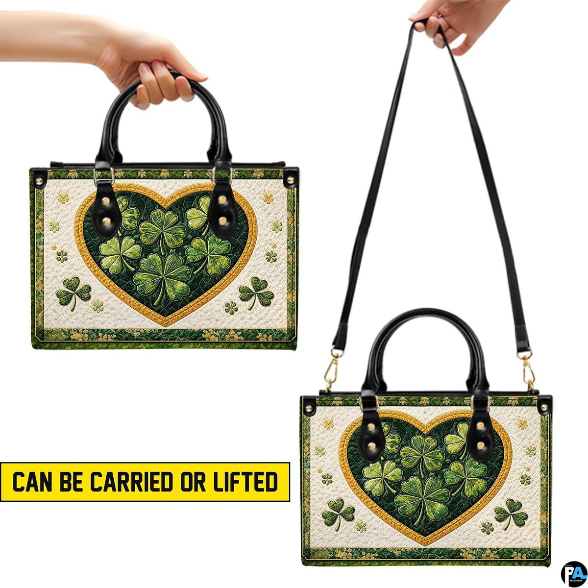 Clover heart handbag shown in handheld and shoulder presentations