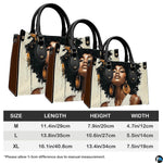 Three size views of cream and black afro portrait handbag with gold earrings