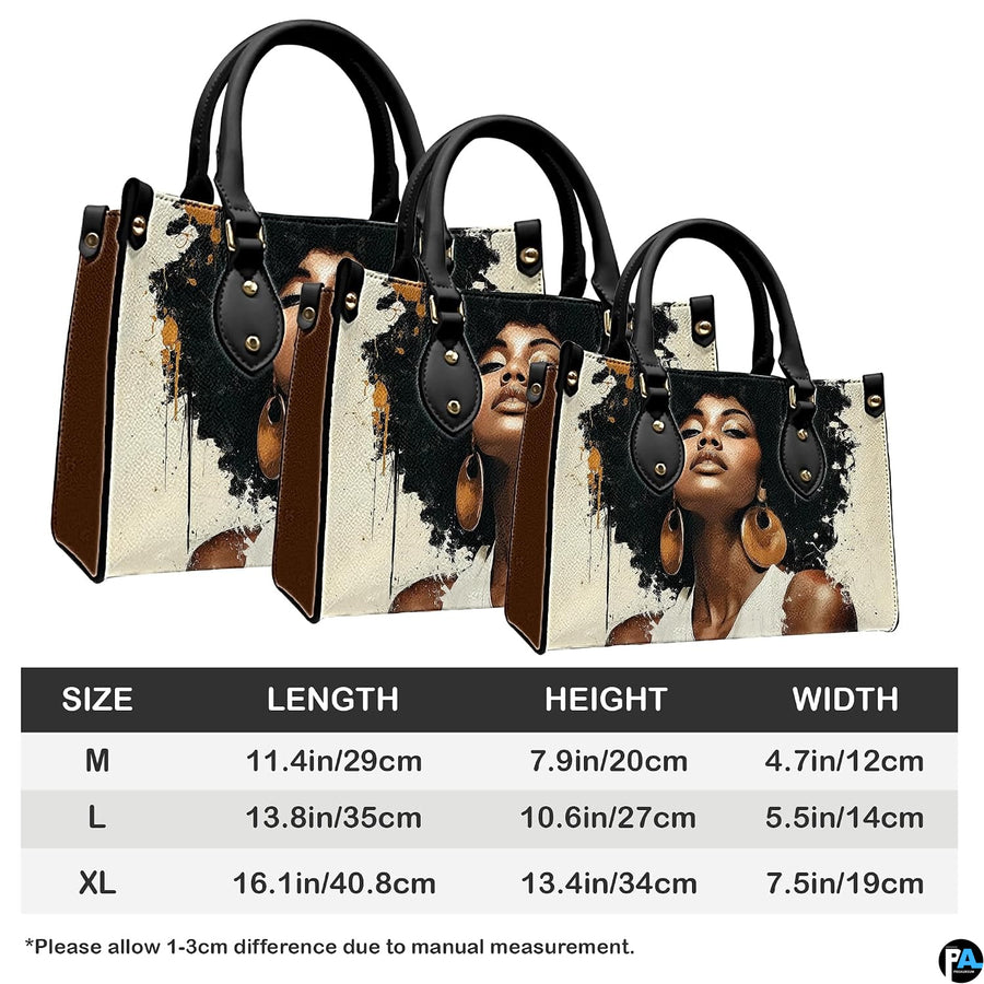 Three size views of cream and black afro portrait handbag with gold earrings