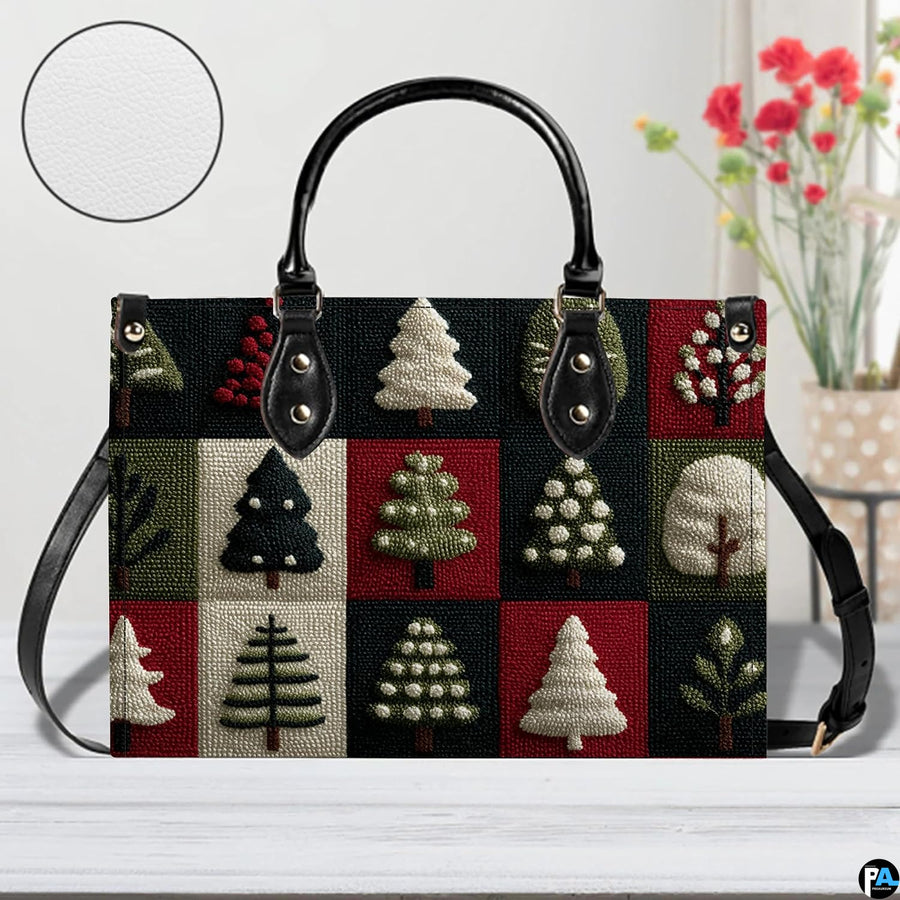 Sunlit tabletop view of winter pine patchwork pattern item with circular pattern inset