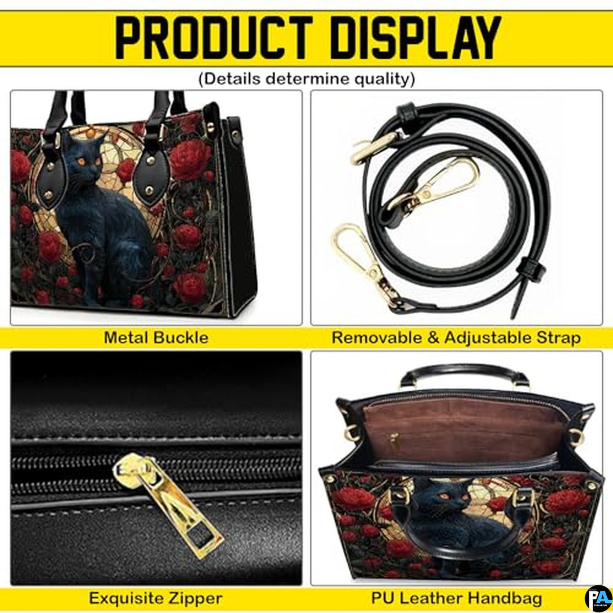 Black Cat Leather Bag – Vintage Cat Art Handbag, Stylish Animal-Themed Purse, Unique Gift for Cat Lovers