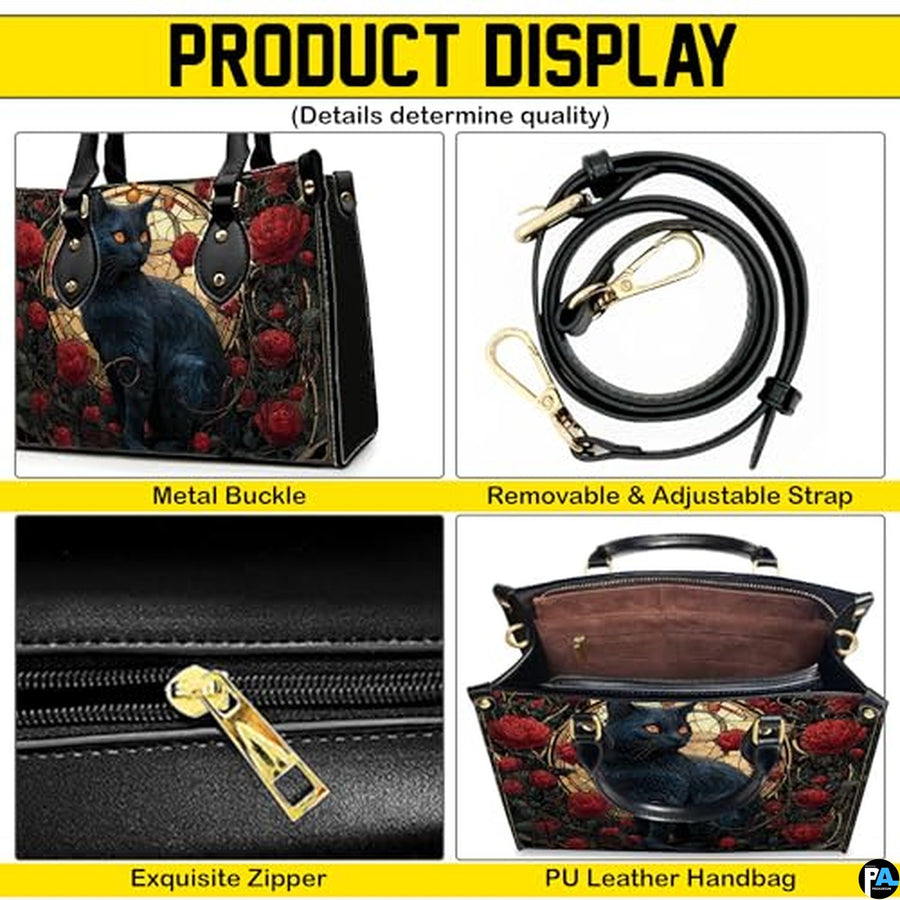 Black Cat Leather Bag – Vintage Cat Art Handbag, Stylish Animal-Themed Purse, Unique Gift for Cat Lovers