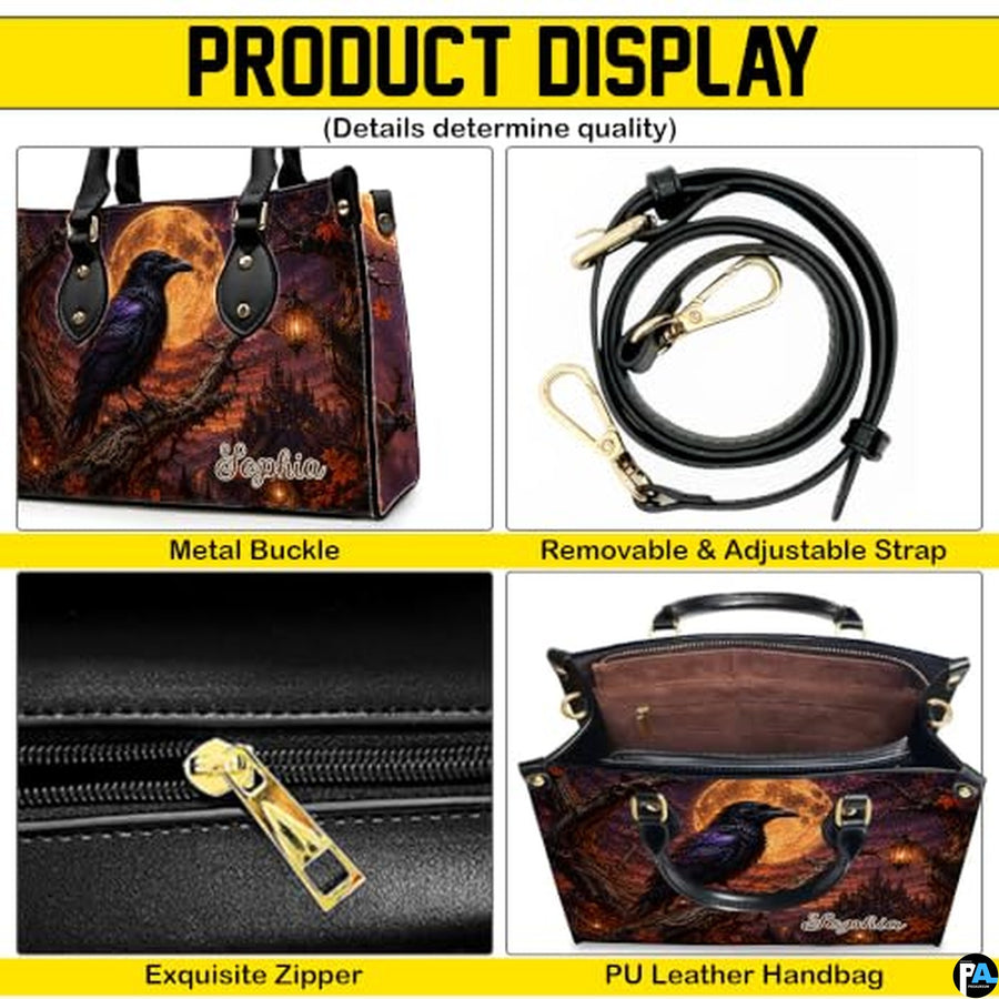 Personalized Halloween Gothic Leather Handbag Custom Raven Black Cat Purse Dark Fantasy Shoulder Bag Gift for Women