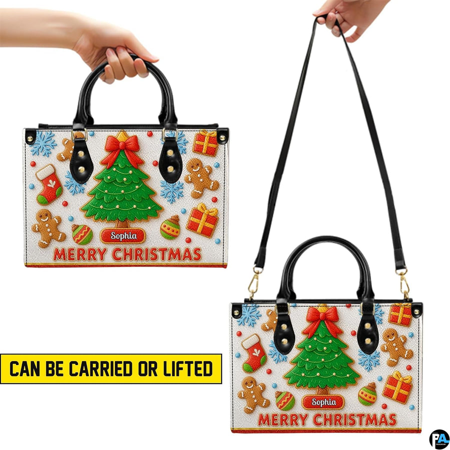 Model carrying the gingerbread holiday handbag by top handles.