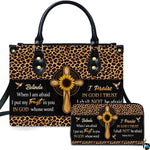 Front view of leopard and sunflower cross handbag and matching wallet with wooden cross centerpiece and hummingbirds.