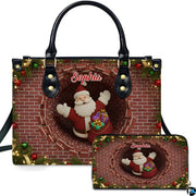 Chimney purse and matching wallet featuring Santa Claus waving from a brick flue with holiday garland.