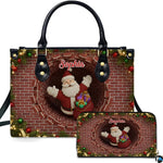 Chimney purse and matching wallet featuring Santa Claus waving from a brick flue with holiday garland.