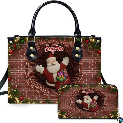 Chimney purse and matching wallet featuring Santa Claus waving from a brick flue with holiday garland.