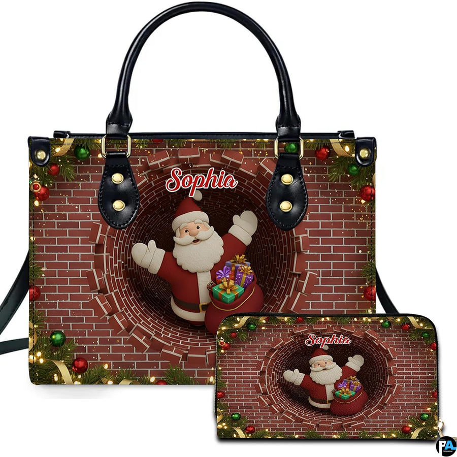 Chimney purse and matching wallet featuring Santa Claus waving from a brick flue with holiday garland.