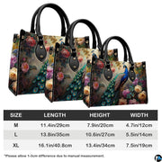 Three peacock rose handbag sizes shown side by side