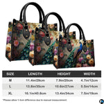 Three peacock rose handbag sizes shown side by side