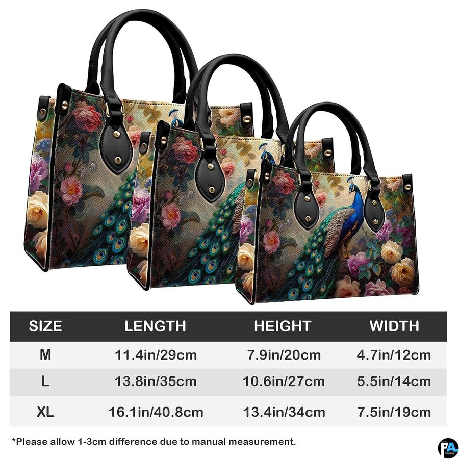 Three peacock rose handbag sizes shown side by side