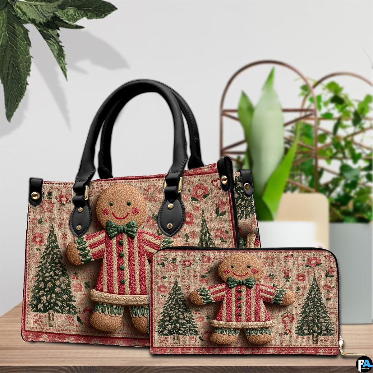 Tabletop arrangement featuring festive gingerbread character and evergreen tree print