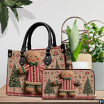 Tabletop arrangement featuring festive gingerbread character and evergreen tree print