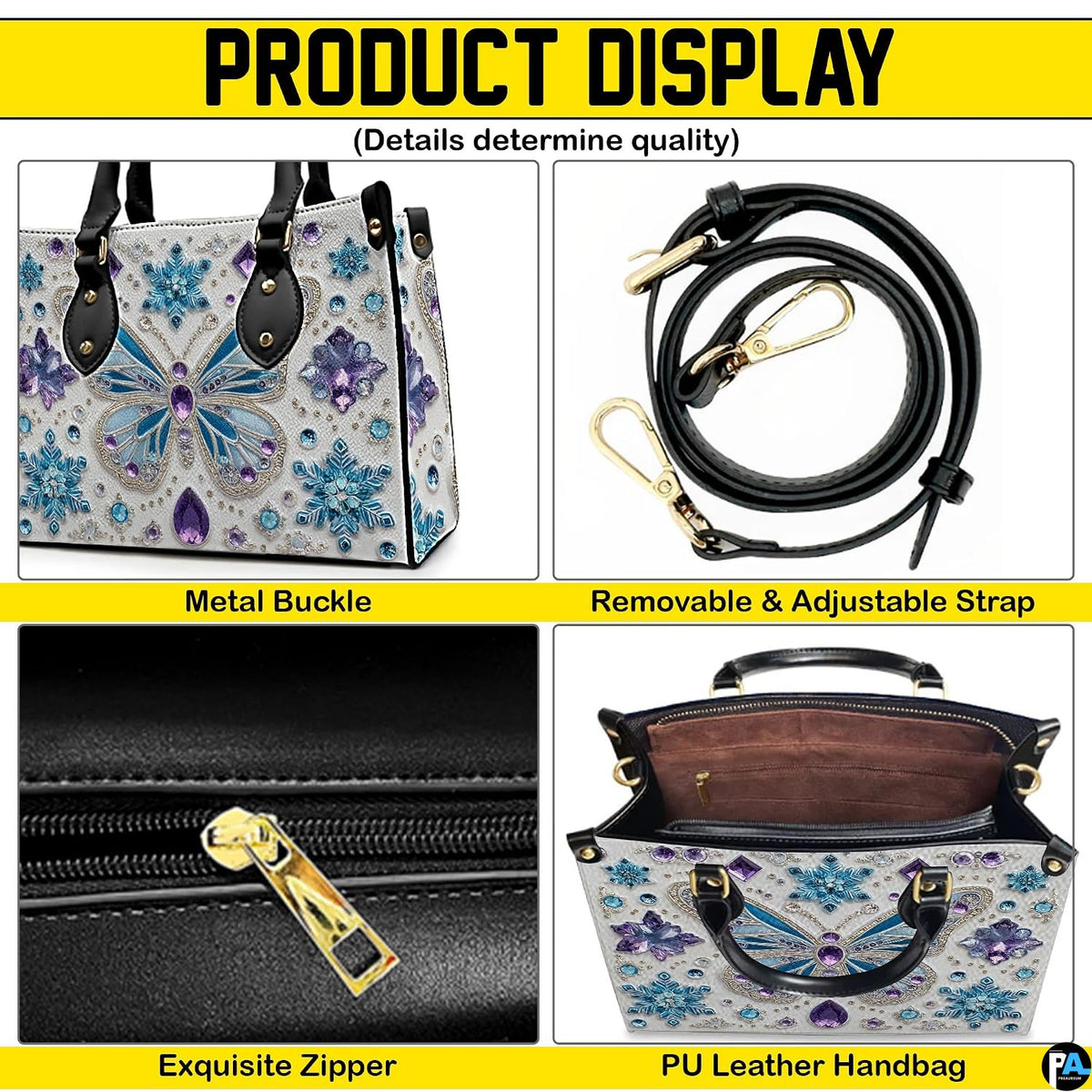 Detailed view of butterfly handbag interior showing zip pocket and inner structure.