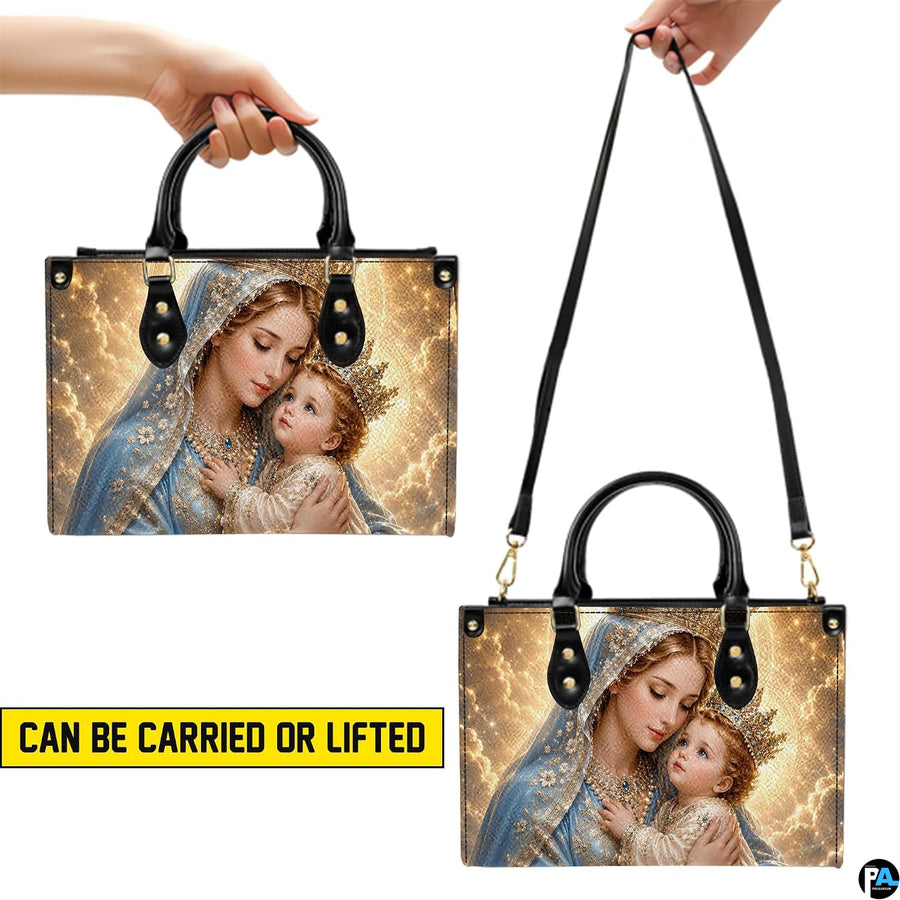 Lifestyle display of crowned Madonna handbag carried by model showing artwork and scale