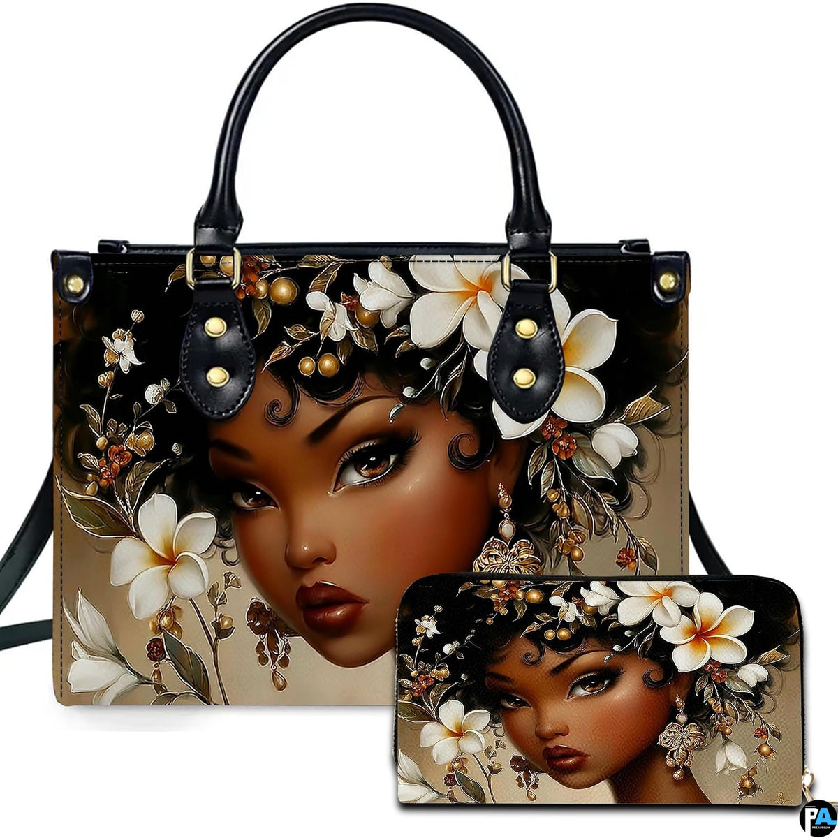 Stylized portrait of Black woman with open hazel eyes, white plumeria flowers, and golden earrings on neutral background.