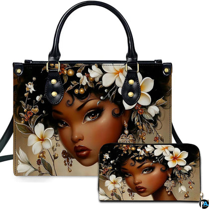 Stylized portrait of Black woman with open hazel eyes, white plumeria flowers, and golden earrings on neutral background.