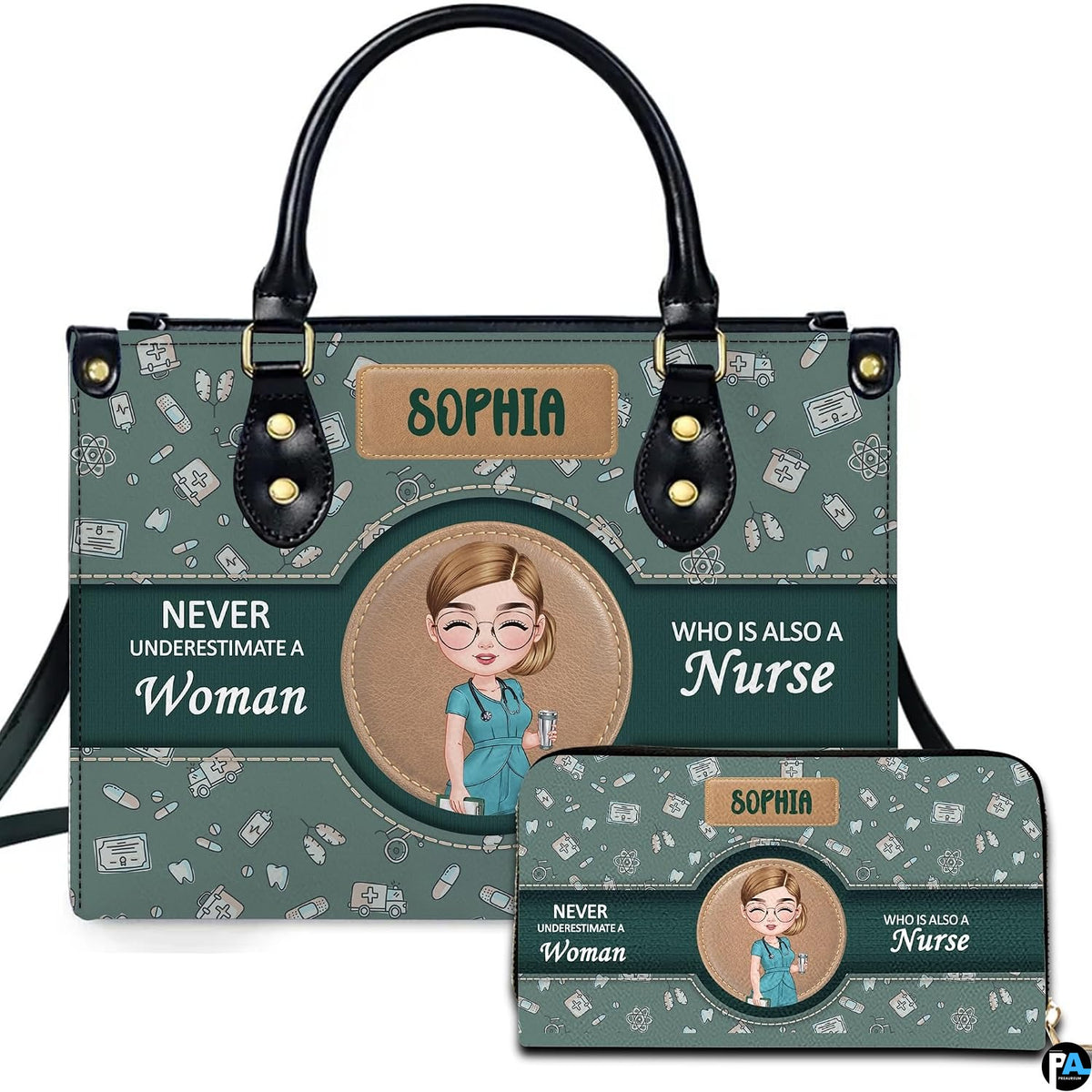 Front view of nurse handbag featuring circular character medallion on sage green medical doodle pattern