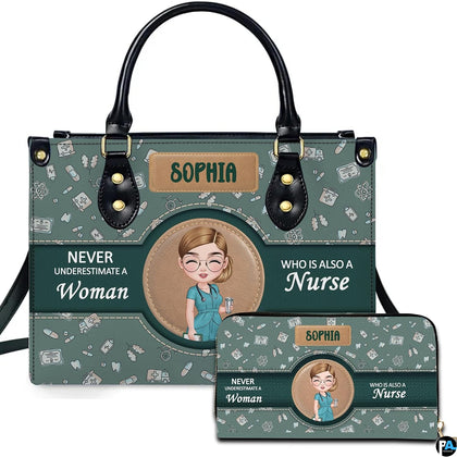 Front view of nurse handbag featuring circular character medallion on sage green medical doodle pattern