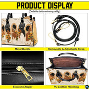 Four paneled graphic presenting decorative portrait motifs, golden hardware accents, and interior view.