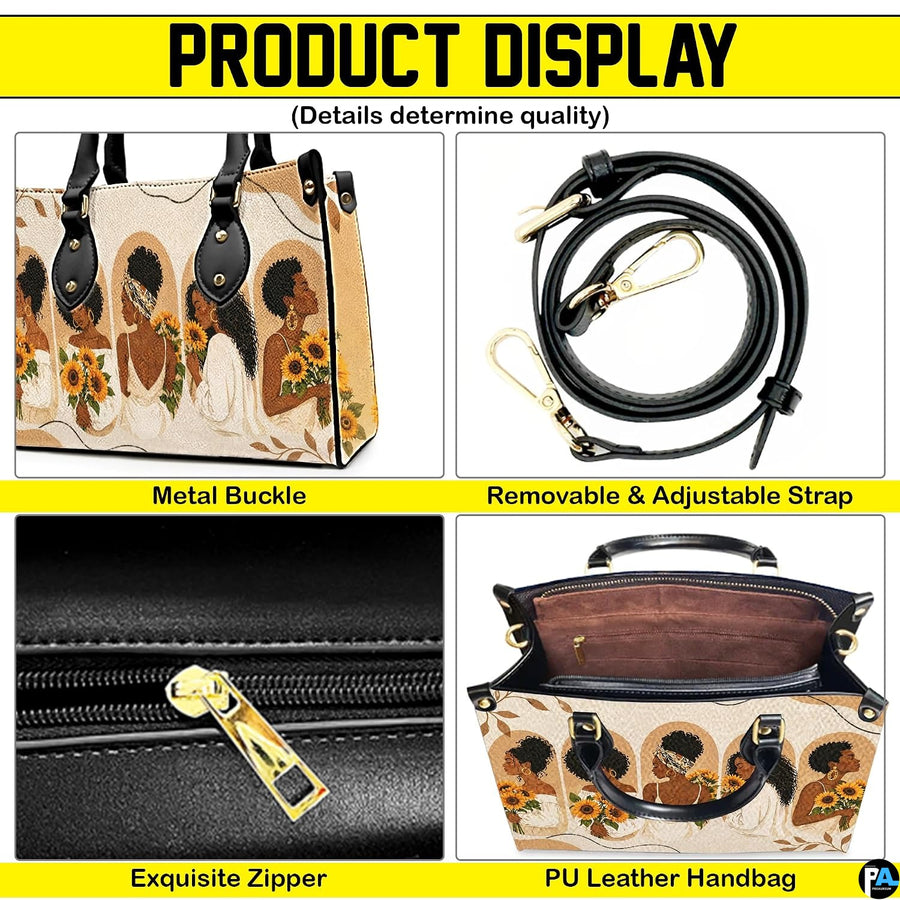 Four paneled graphic presenting decorative portrait motifs, golden hardware accents, and interior view.