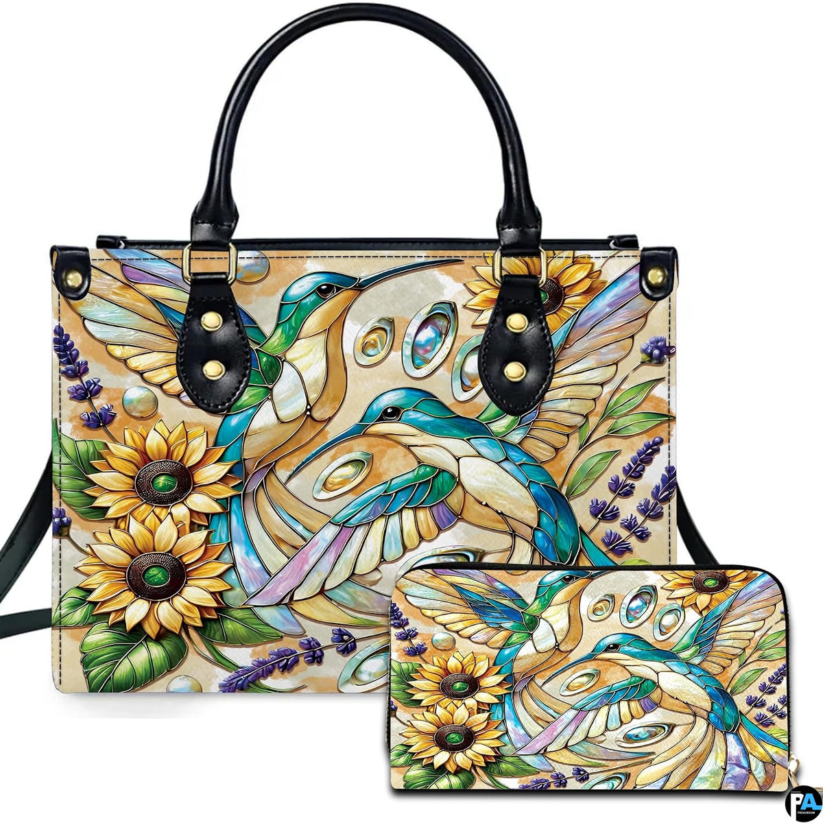 Front view of mosaic hummingbird handbag and matching wallet featuring golden sunflowers and lavender flora.