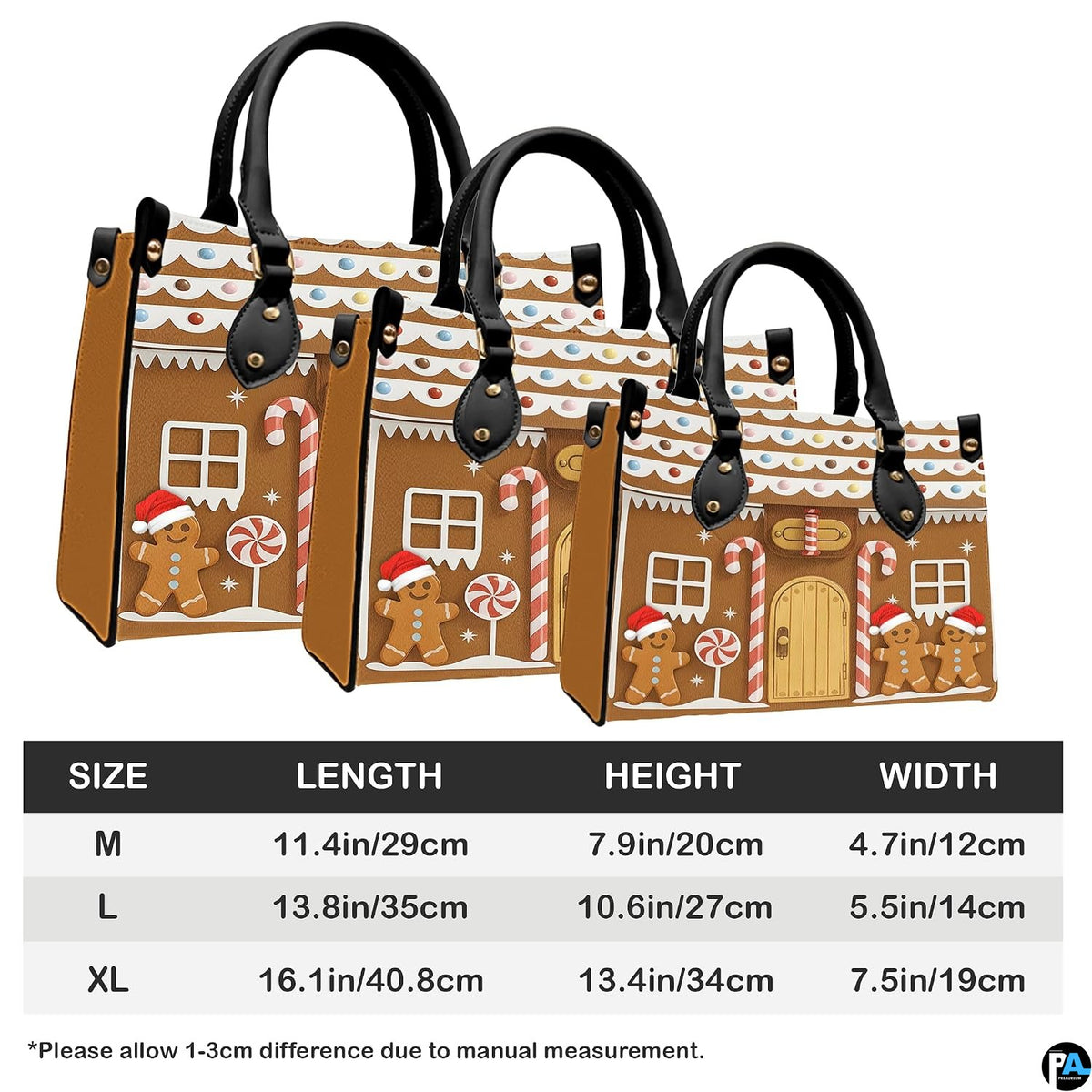 Size comparison chart showing medium, large, and extra-large dimensions for gingerbread house handbag.