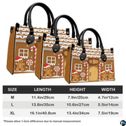 Size comparison chart showing medium, large, and extra-large dimensions for gingerbread house handbag.