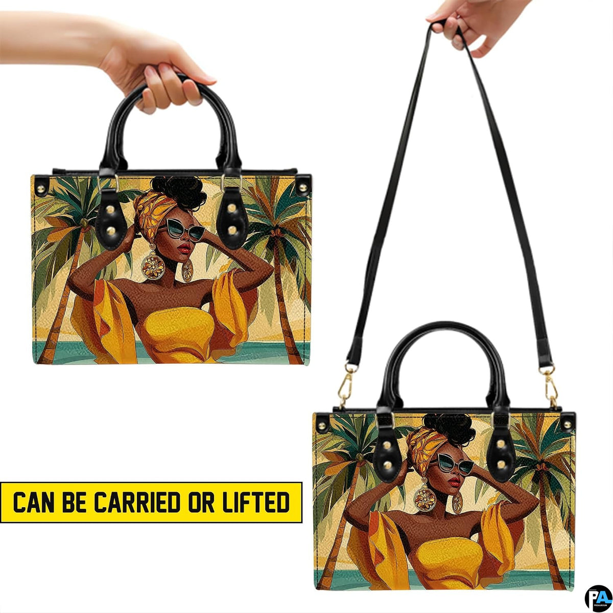 Dual presentation demonstrating handheld and hanging orientations of the yellow headwrap design.