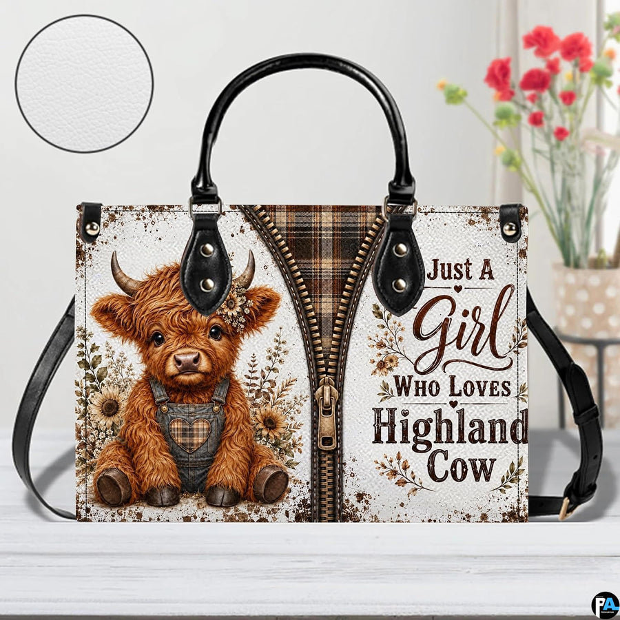 Studio presentation on light wooden planks featuring the overalls cow illustration and floral vase.