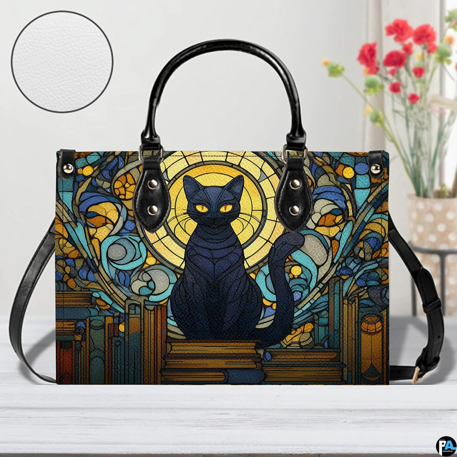Straight-on studio view of cat stained glass windows art highlighting detailed surface texture.