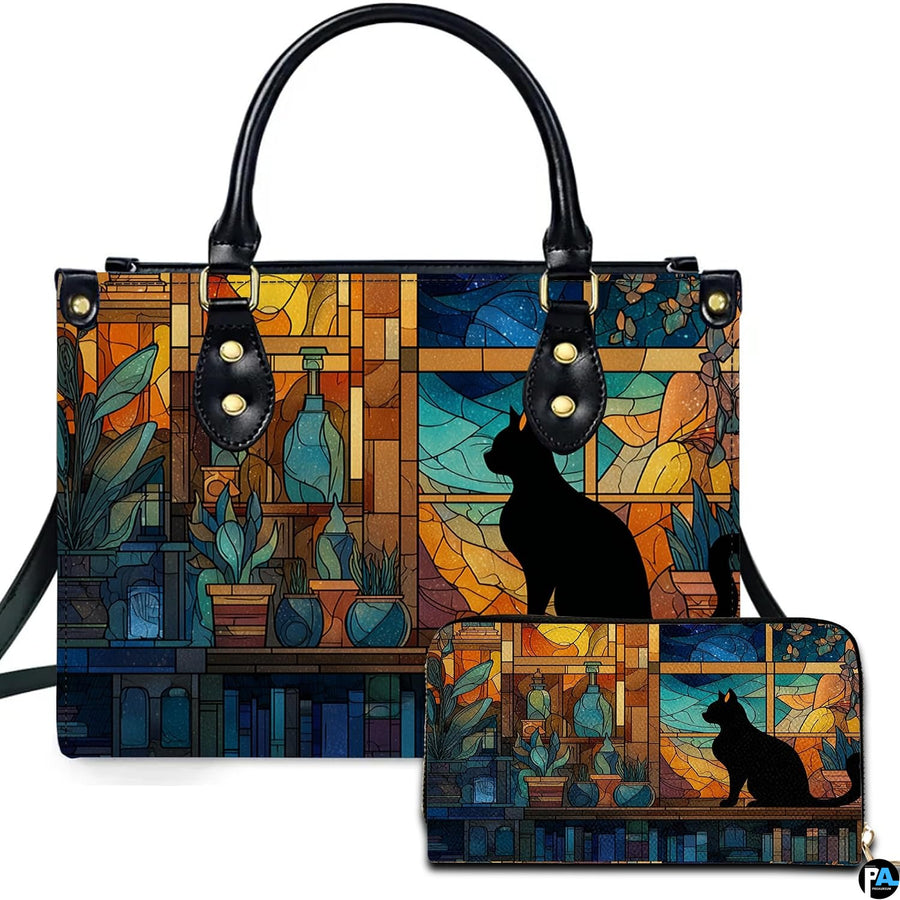 Studio presentation of cat stained glass panel beside matching rectangular companion accessory.
