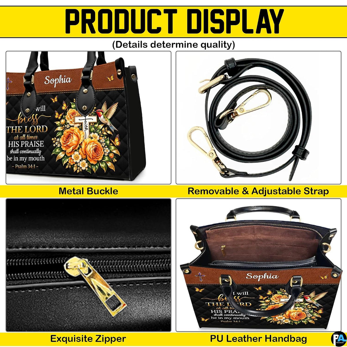 Four-panel showcase illustrating design details, hardware, and interior layout.