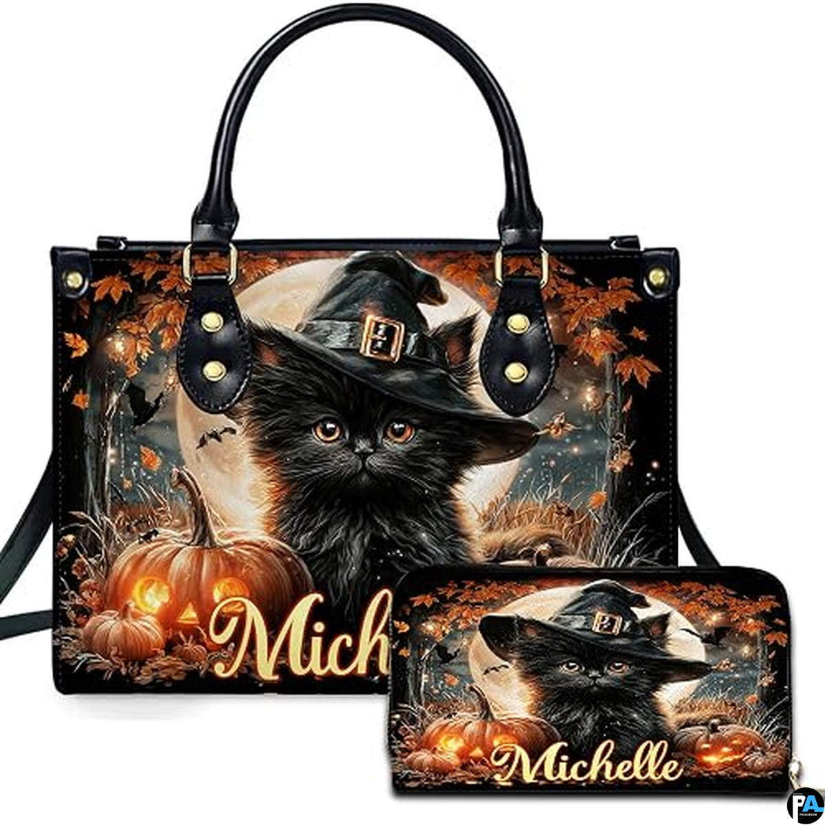 Personalized Halloween Leather Handbag – Custom Witch 3D Printing Effect Purses For Women – Spooky Gothic Shoulder Bag